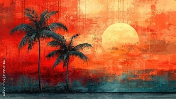 Obraz Vibrant sunset over a tranquil beach with palm trees silhouetted against colorful sky