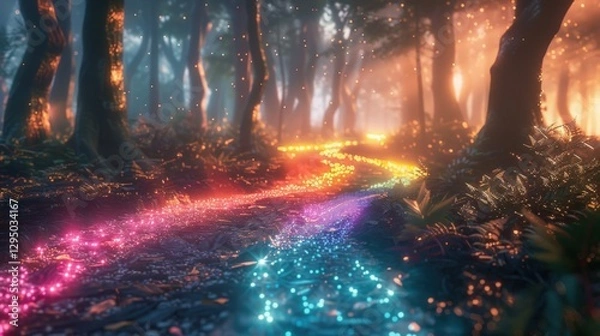 Fototapeta Magical Forest Pathway with Colorful Lights