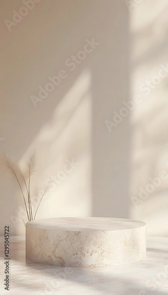 Fototapeta Round stone podium with dried grass in a bright space