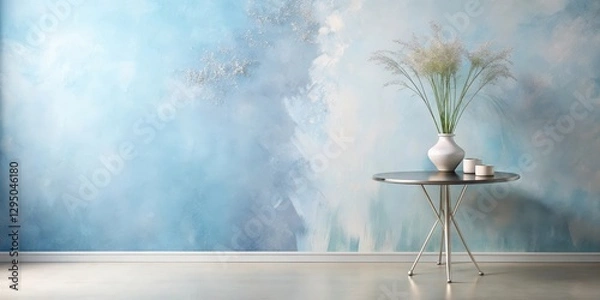 Fototapeta Serene Minimalist Interior Design Featuring a Modern Round Table with a Vase of Dried Flowers Against a Soft Blue Wall