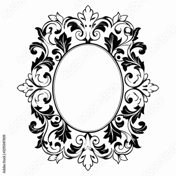 Fototapeta Elegant Ornate Oval Frame with Vintage Baroque Floral Decorations in Black and White – Classic Decorative Border