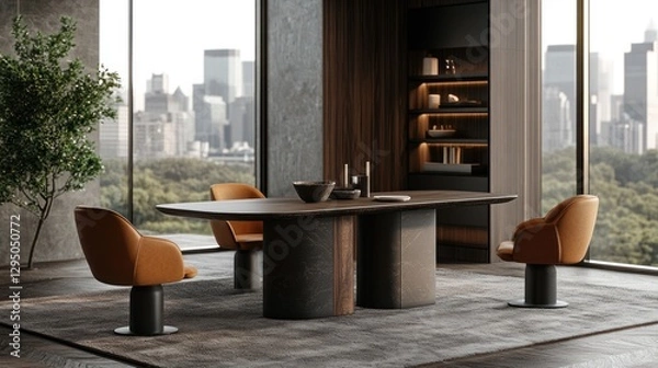 Fototapeta Modern Dining Room with City View (2)