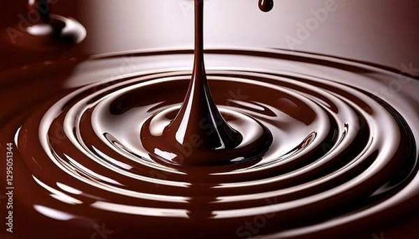 Fototapeta Close-up of slow-motion chocolate drizzle, showcasing velvety smooth liquid forming intricate patterns, highlighting the rich texture and glossy shine.
