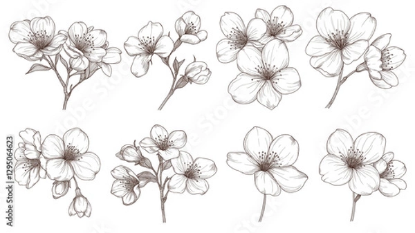 Fototapeta 桜の花のイラスト｜エレガントな手描き風モノクロ桜デザイン