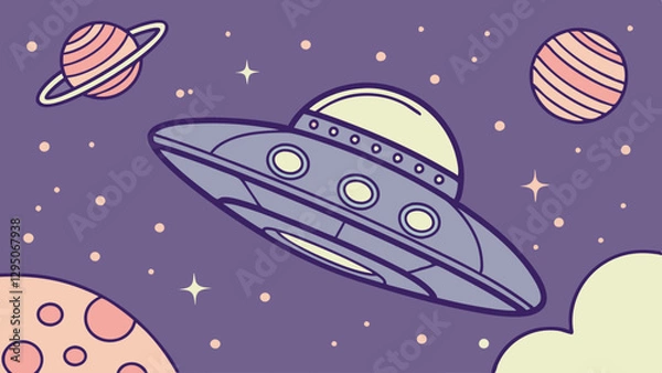 Fototapeta A fun, colorful rocket ship traveling through outer space, surrounded by planets, stars, and swirling cosmic clouds, evoking a sense of adventure and discovery