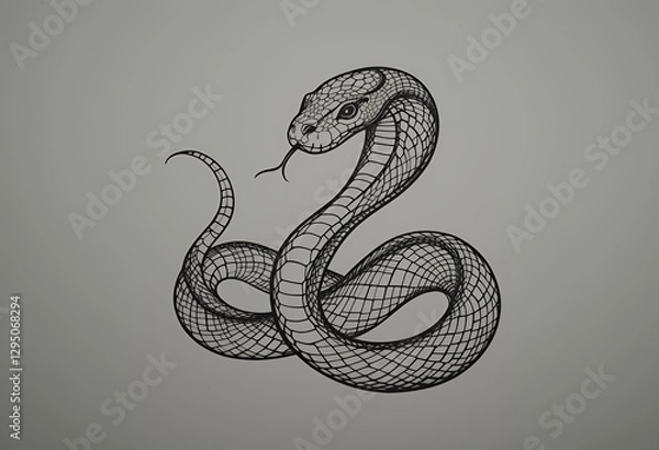 Obraz Coiled Cobra Drawing with Intricate Line Work on a Plain Background