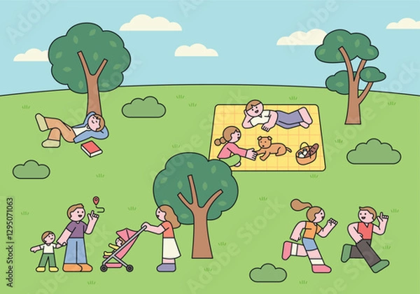 Obraz Cute vector illustration of people enjoying a park. Families having a picnic, reading, jogging, and spending quality time outdoors in a relaxing and happy atmosphere.
