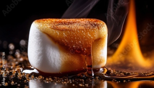 Fototapeta Ultra macro of a marshmallow being toasted, with bubbling caramelized sugar forming on the surface, capturing the crispy texture and golden glow