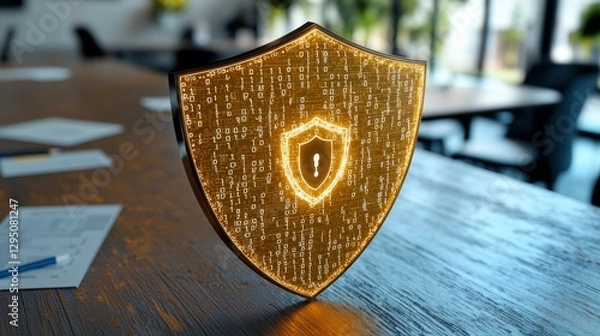 Fototapeta Glowing Digital Shield Icon Signifying Cybersecurity Modern Office Graphic Design Digital Environment Close-Up View Technology Concept