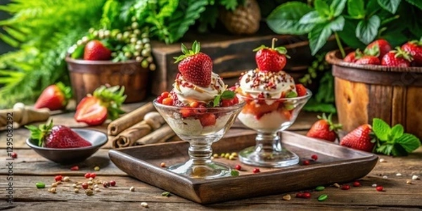 Fototapeta Sweet Strawberry Dessert with Whipped Cream and Garnish in Glass Bowls on Rustic Wooden Tray
