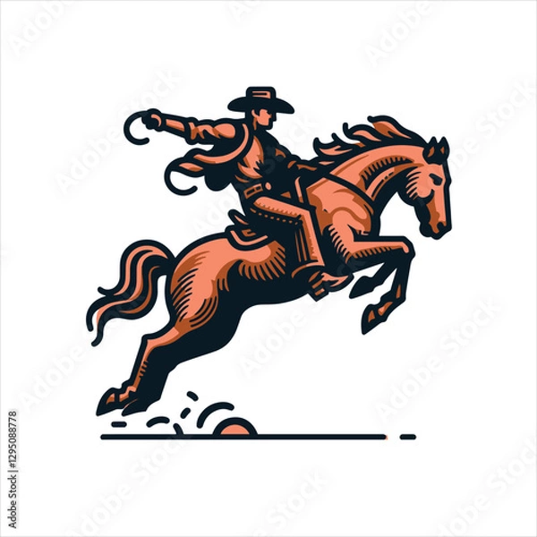 Fototapeta A cowboy on a rearing horse, swinging a lasso