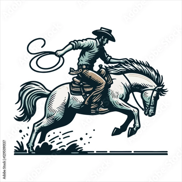 Fototapeta A cowboy on a rearing horse, swinging a lasso