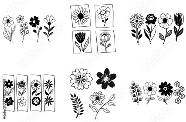 Fototapeta Hand-Drawn Doodle Floral Elements – Cute Sketchy Flower Vector Set for Designs and Stickers , 24 set bundle