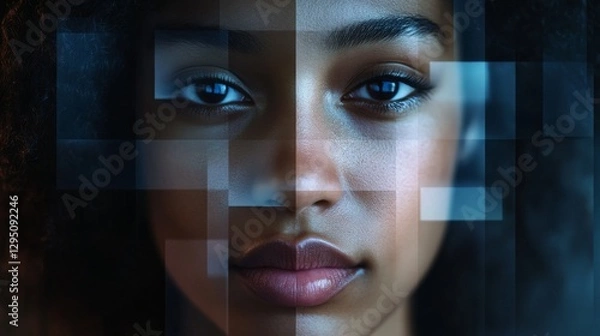 Fototapeta Close-up of a woman's face with a digital overlay, showcasing technology and identity exploration