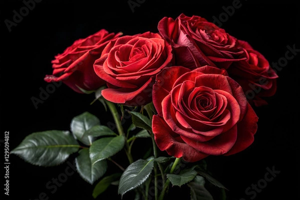 Fototapeta high quality realistic rose bouquet isolated on black background Dark background, vibrant red roses, dramatic lighting, high contrast, botanical photography, lush petals, 