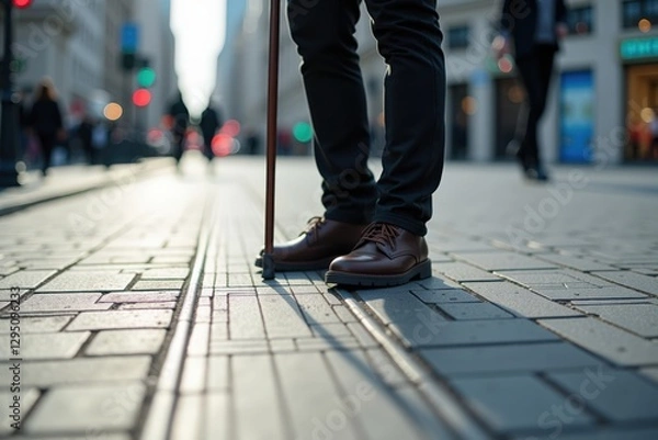 Fototapeta A Stylish Middle-Aged Man with a Cane in Dark Clothes Walking on a Busy Urban Street, Capturing the Essence of City Life and Accessibility