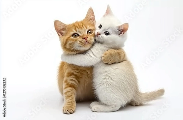 Fototapeta Cuddly Ginger Cat Embracing Adorable White Kitten on Soft White Background with Heartwarming Affection
