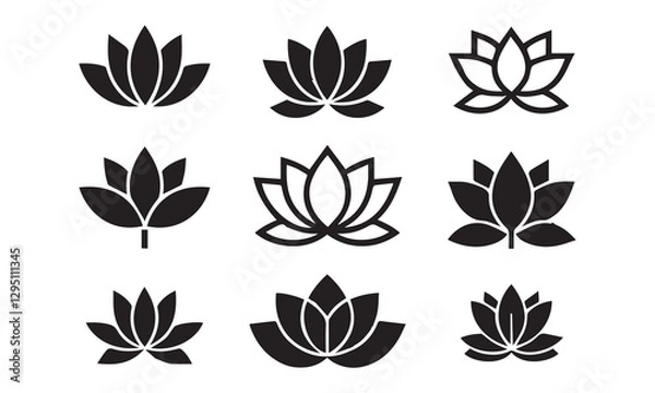Fototapeta "Minimalist Lotus Flower Icons Set – 9 Monochrome Designs in 3x3 Grid on White Background"