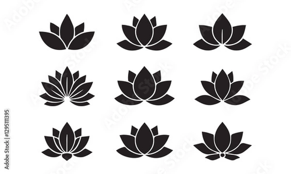 Fototapeta "Minimalist Lotus Flower Icons Set – 9 Monochrome Designs in 3x3 Grid on White Background"