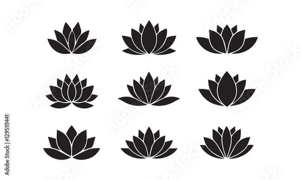 Fototapeta "Minimalist Lotus Flower Icons Set – 9 Monochrome Designs in 3x3 Grid on White Background"