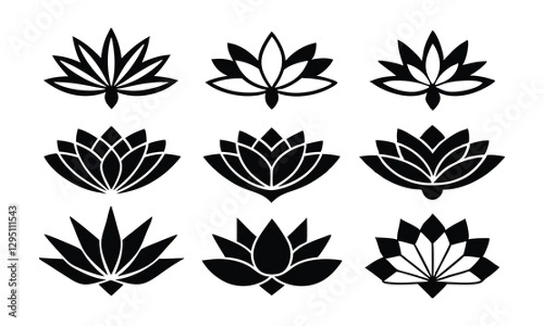 Fototapeta "Minimalist Lotus Flower Icons Set – 9 Monochrome Designs in 3x3 Grid on White Background"