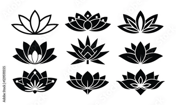 Fototapeta "Minimalist Lotus Flower Icons Set – 9 Monochrome Designs in 3x3 Grid on White Background"