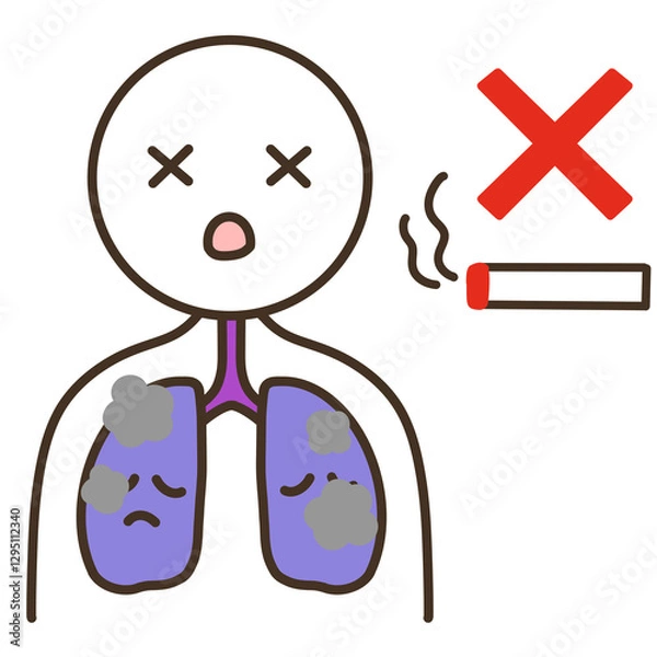 Obraz 煙草の吸いすぎで苦しい肺と人物　煙草と罰　キャラクターイラスト
