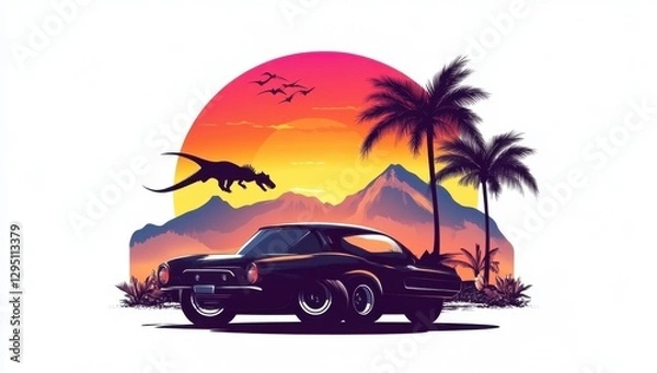 Fototapeta Retro Sunset Escape: Classic Car, Tropical Paradise, and Prehistoric Surprise