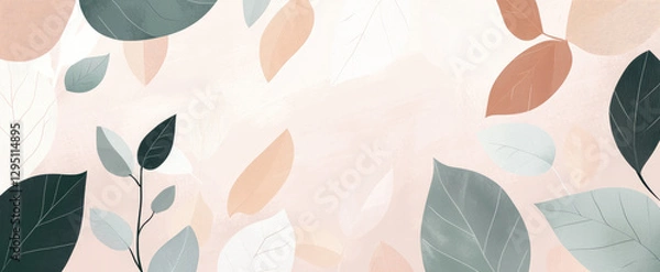 Fototapeta A soft, abstract design featuring various leaves in muted colors on a pastel background.