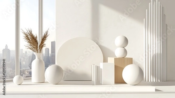 Obraz Sunlit Minimalist 3D Render: Geometric Forms and Dried Pampas Grass by a City Window AI Generated