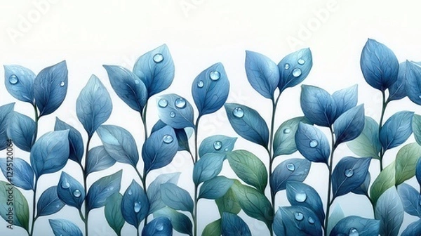 Fototapeta A serene arrangement of blue and green leaves with water droplets against a light background
