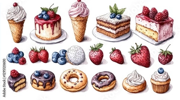 Fototapeta A colorful assortment of desserts including cakes, ice cream, and berries on a white background