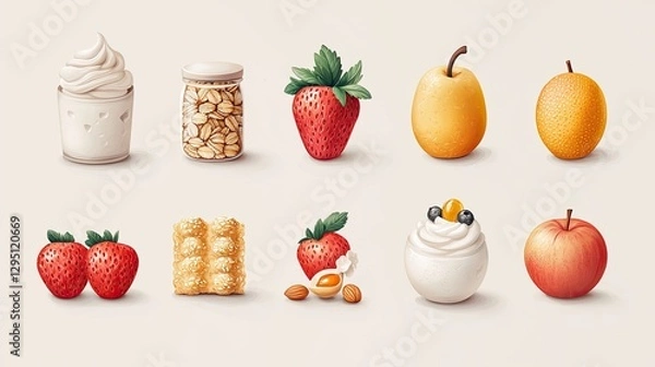 Fototapeta Colorful assortment of fruits and desserts arranged aesthetically on a neutral background