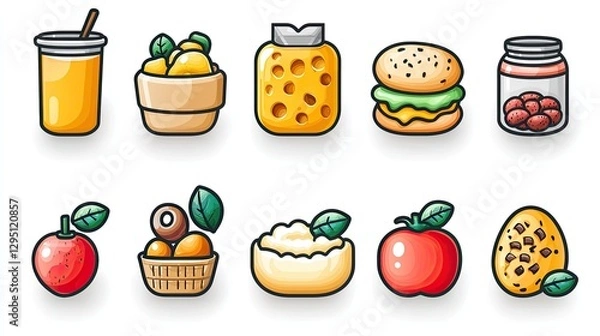 Fototapeta Colorful collection of food and drink icons featuring fruits, snacks, and beverages on a white background