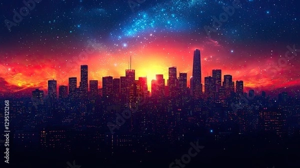 Fototapeta Vibrant sunset over a city skyline with a cosmic backdrop illuminating the horizon