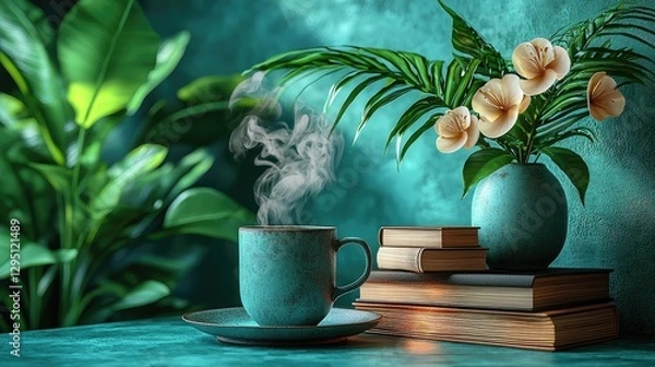 Fototapeta Serene coffee moment with steaming cup, vibrant plants, and stacked books in tranquil setting