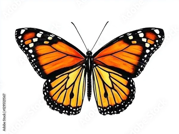 Obraz A Stunning Monarch Butterfly Spreading Its Wings Against a White Background with Vibrant Orange and Black Patterns
