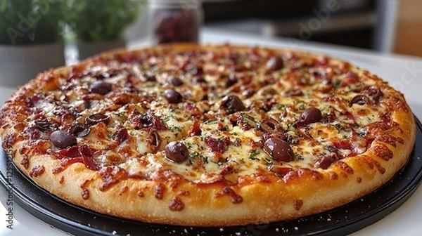 Fototapeta Deliciously topped pizza with olives and herbs on a table, showcasing a cozy kitchen background