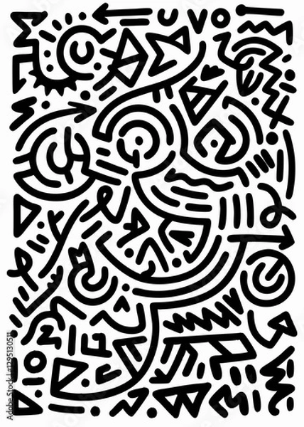Obraz Bold black and white abstract doodles featuring swirling lines, faces, and random geometric shapes, forming an energetic pattern