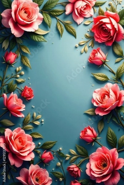 Fototapeta A Delightful Arrangement of Pink Roses and Lush Greenery Forms a Romantic Border on a Teal Background