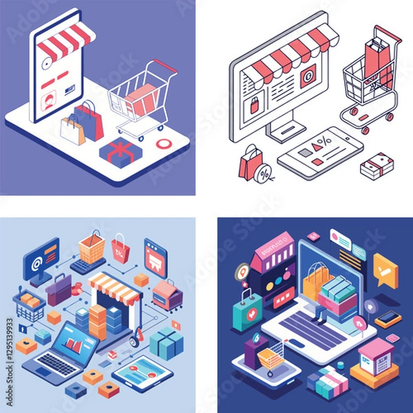 Fototapeta Isometric E-Commerce Platform Illustration – Online Shopping and Digital Marketing Vector Design set