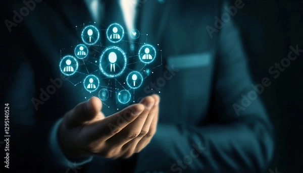 Fototapeta Businessman in a suit holding a virtual reality device with a focused expression ready for an immersive experience