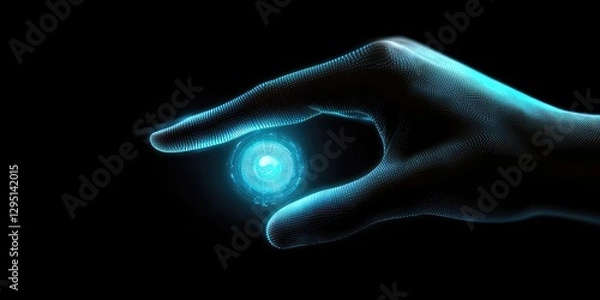 Fototapeta A holographic AI icon illuminating under a human touch.