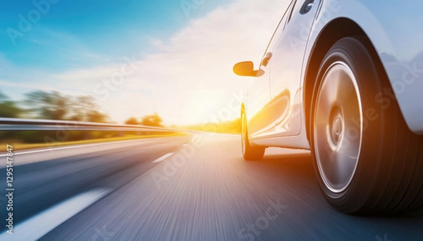 Fototapeta sleek car driving on highway during sunset, showcasing speed and freedom. blurred background emphasizes motion and excitement
