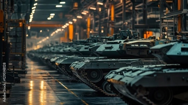 Fototapeta Industrial assembly line of war tanks in a military factory high-resolution gigapixel capture isolated environment