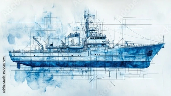 Fototapeta Handpainted ship blueprint marine art digital illustration nautical theme isolated design gigapixel quality