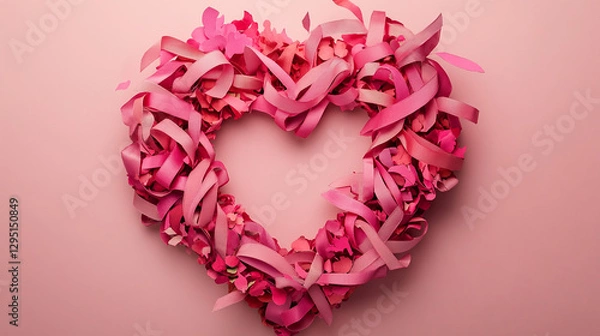 Fototapeta a hearth shaped wreath made of pink ribbons and paper cut on pink background