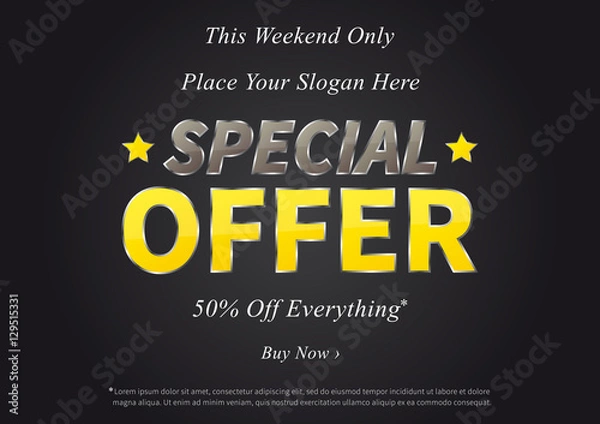 Fototapeta Special Offer vector illustration on black background. Horizontal poster Special Offer Sale 50% Off Everything creative concept. Banner layout Special Offer Sale A4 size, ready to print.
