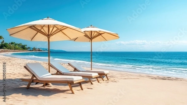 Fototapeta Two lounge chairs rest under umbrellas on a sandy beach, inviting relaxation and enjoyment in a serene coastal setting.