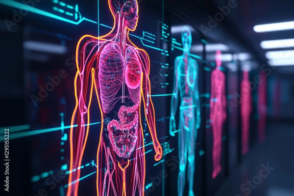 Fototapeta vibrant flowchart of human anatomy displayed in neon colors, showcasing internal organs and systems